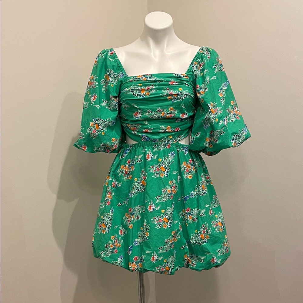 a new day Green Floral Puff-Sleeve Mini Dress with Cutout